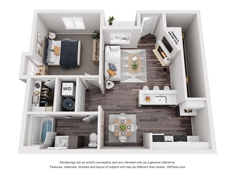 A 3D floor plan of a small apartment with a kitchen, living room, and bedroom.