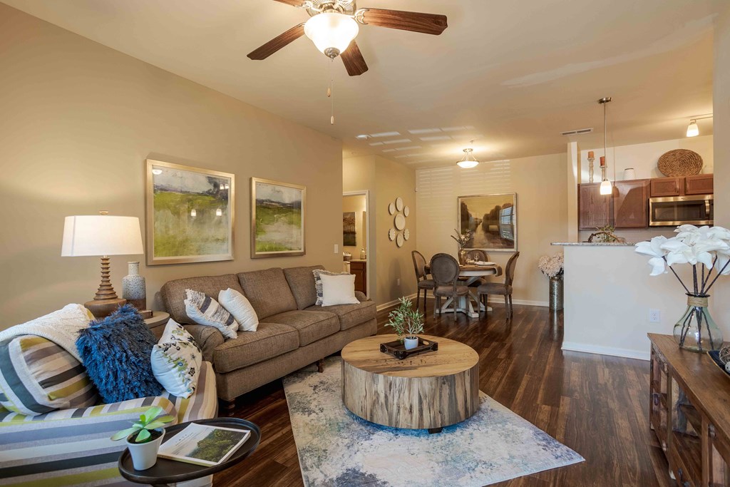 a living room with a couch and a table