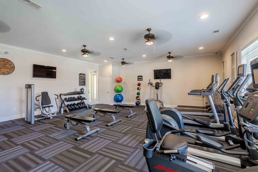 the gym is equipped with state of the art equipment including cardio machines and weights