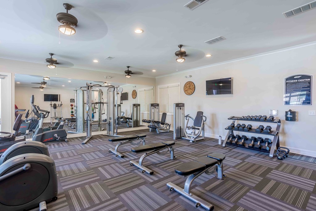 a gym with weights and cardio machines and a tv