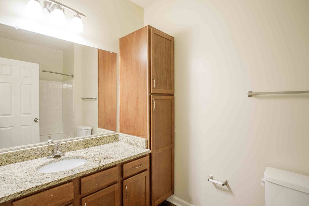 A bathroom with a sink, mirror, and cabinets.