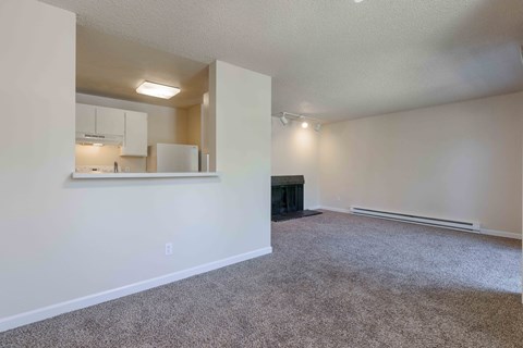 A living room with a grey carpet and a white wall.