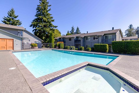 A swimming pool surrounded by a concrete border.