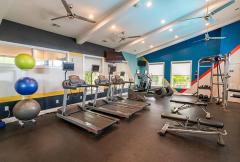 a gym with cardio equipment and weights on the floor and walls painted with colorful stripes