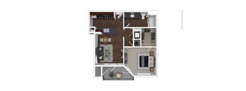 A floor plan of a house with a kitchen, living room, and bathroom.
