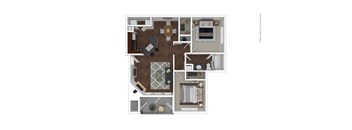 A floor plan of a house with a kitchen, living room, and two bedrooms.