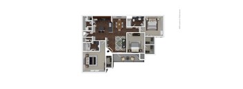 A floor plan of an apartment with a kitchen, living room, and two bedrooms.