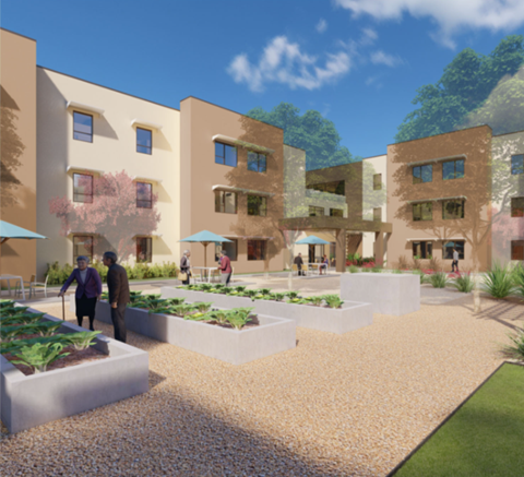 A modern building with a courtyard and people walking around.