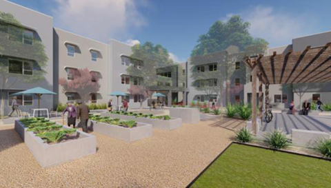 A modern building complex with a courtyard and a bicycle.