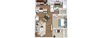 A series of images showing different layouts of a room with a bed, a couch, a table, and a plant.