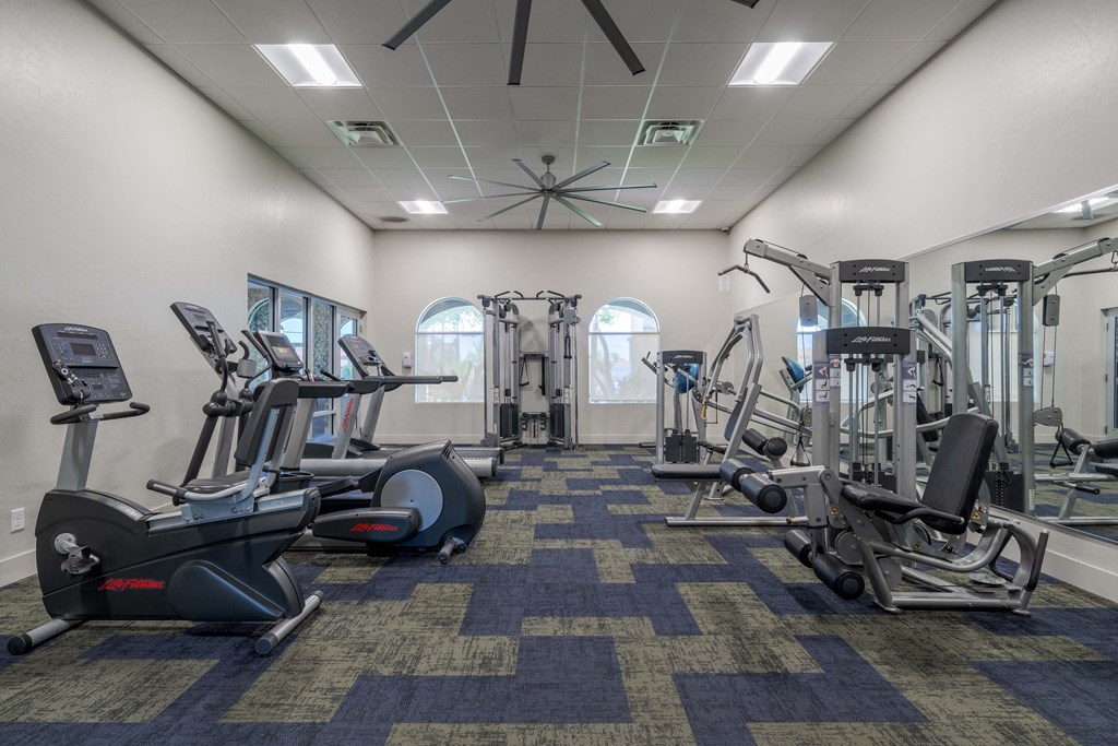 a gym with cardio equipment and treadmills