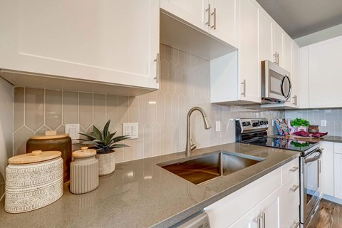 A kitchen with a large sink and backsplash.