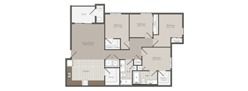 A floor plan with a living room, four bedrooms, a kitchen, a bathroom, and a patio.
