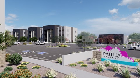 A rendering of a modern apartment complex named Dahlia Village.