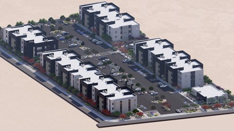 A 3D rendered image of a modern residential complex.