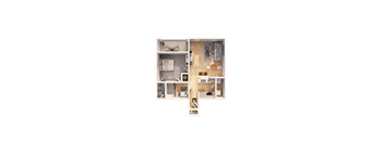A detailed 3D floor plan of a small apartment.