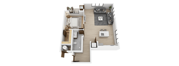 A top-down view of a modern apartment layout with a living room, kitchen, and bedrooms.