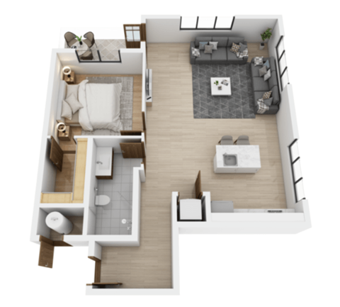 A top-down view of a modern apartment layout with a living room, kitchen, and bedrooms.