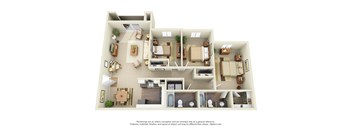 A 3D floor plan of a house with multiple rooms and furniture.