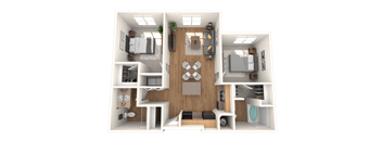 A 3D floor plan of a small apartment with a living room, kitchen, and bedrooms.