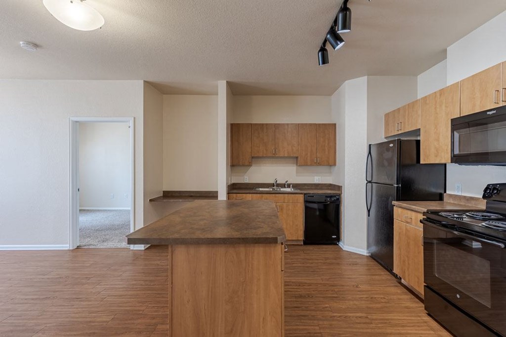 an empty kitchen with black appliances and wooden cabinets