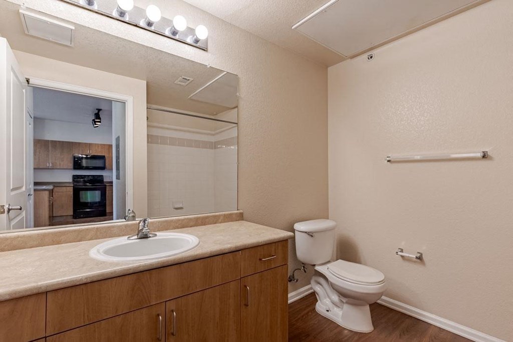 a bathroom with a sink toilet and a mirror