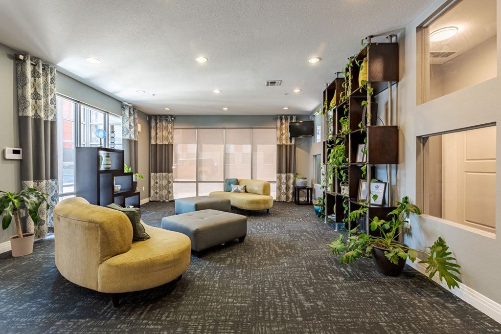 a living room with couches and chairs and a book shelf