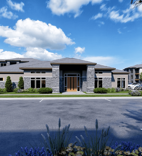 A modern house with a stone facade and a large front door.