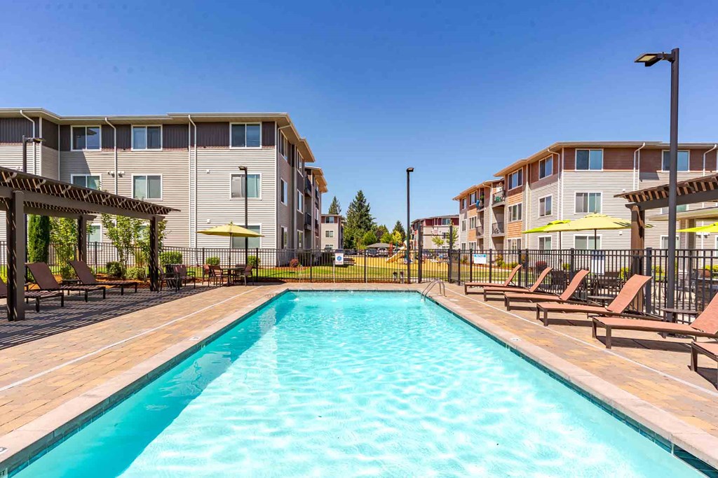 A sparkling swimming pool.