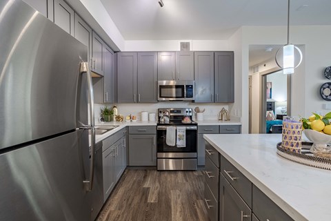 a kitchen with stainless steel appliances and gray cabinets