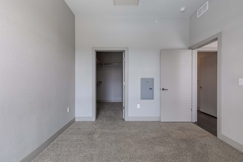 a bedroom with a closet and a door to a hallway