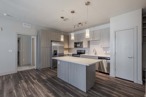 the preserve at ballantyne commons apartment kitchen with island and stainless steel appliances