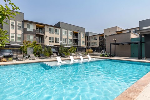 our apartments have a large swimming pool with lounge chairs