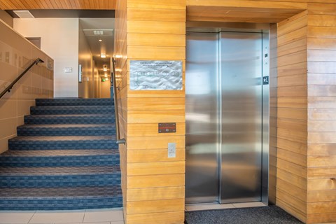 A staircase with a blue carpeted runner leads up to a wooden wall with a metal elevator door.