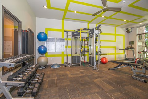 A gym with a variety of equipment including weights and exercise balls.