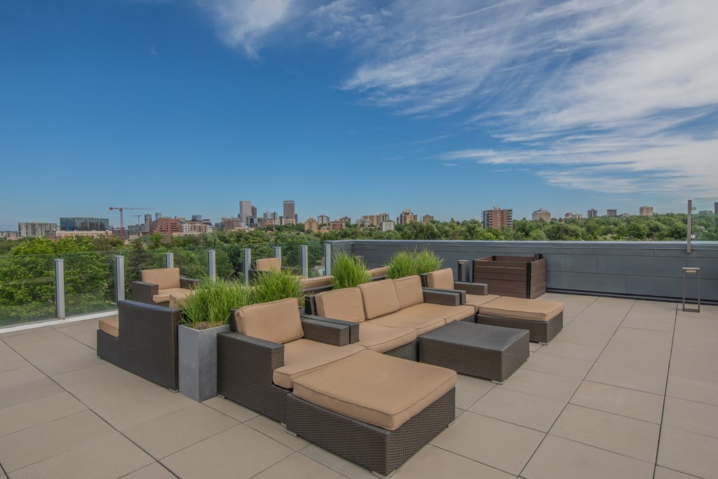 Rooftop cabana with lounge chairs