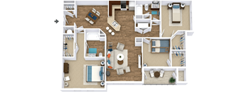 A top-down view of a house layout with a living room, kitchen, and bedrooms.