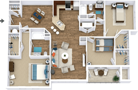 A top-down view of a house layout with a living room, kitchen, and bedrooms.