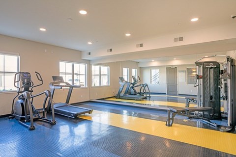A spacious gym with a variety of equipment including treadmills, elliptical machines, and weight machines.