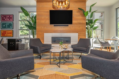 Resident lounge area with fireplace and TV