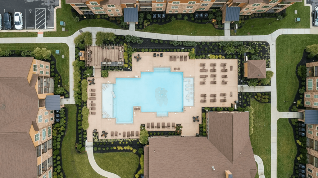 An aerial view of a large swimming pool.