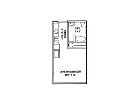 A floor plan of a living room with a bathroom.