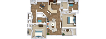 A top-down view of a house layout with a kitchen, living room, dining area, and bedrooms.