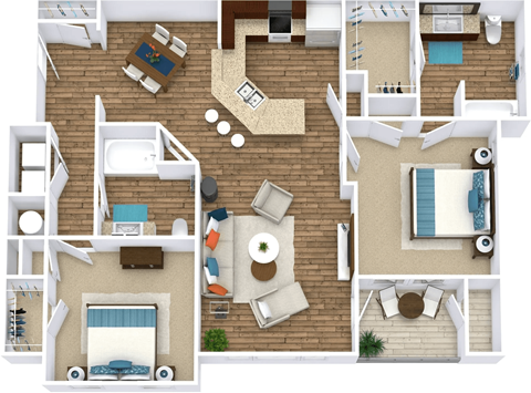 A top-down view of a house layout with a kitchen, living room, dining area, and bedrooms.