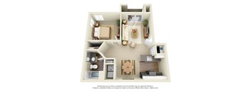 A 3D floor plan of a small apartment with a kitchen, living room, and two bedrooms.