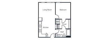 A floor plan of a small apartment with a living room, bedroom, kitchen, and bathroom.