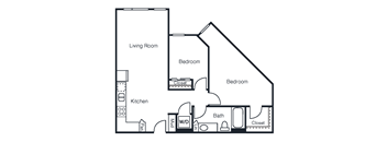 A black and white image of an apartment floor plan with a living room, kitchen, two bedrooms, and a bathroom.