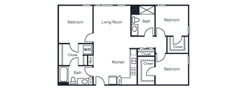 A floor plan of an apartment home with a living room, kitchen, and three bedrooms.