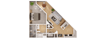 A top-down view of a house layout with a kitchen, living room, and bathroom.