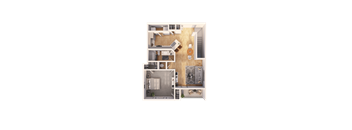 A top-down view of a house layout with a kitchen, living room, and bedrooms.